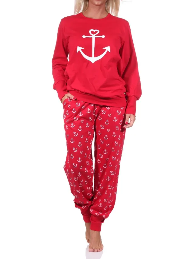 Normann Damespyjama met manchetten in maritieme look met ankermotief -212 90 910 rot