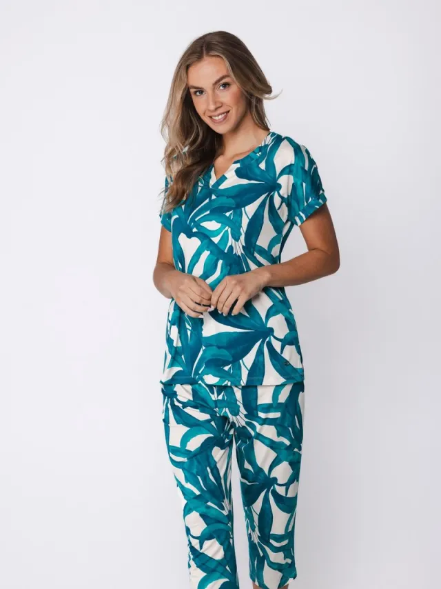 Pastunette Premium - Pyjama - Emerald Oasis - Viscose - Turquoise/Ecru