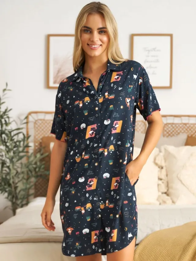 Doctor Nap Nachthemd Dames Volwassenen Knoopjes Viscose | Korte Mouw | Nachtjapon | Yoga TM.5305 Donker blauw