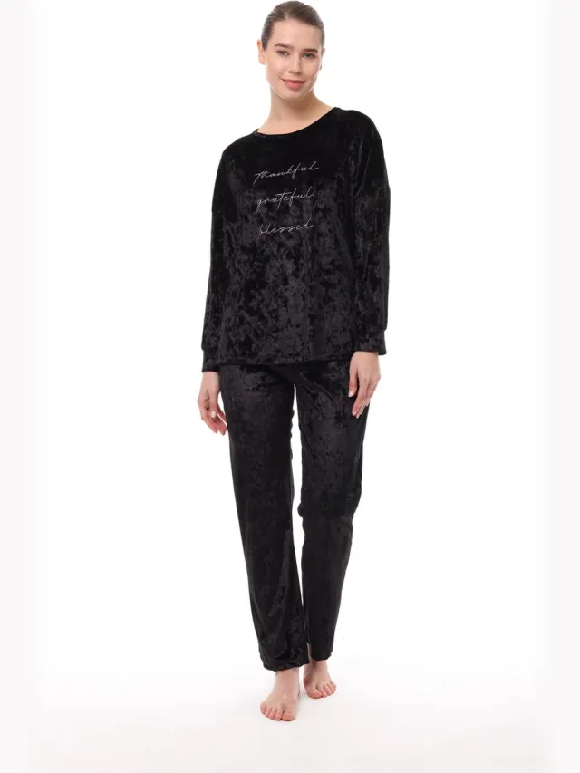 Pijadore Fluwelen Dames Pyjama Set, Lange Mouwen Zwart