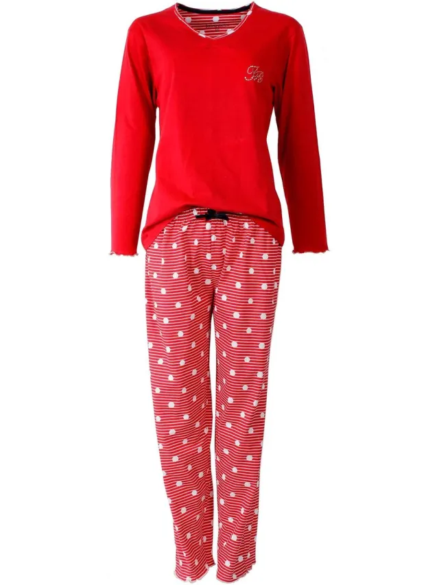 Irresistible Dames Pyjama - Lange Broek- Lange Mouwen - V Hals - Rood