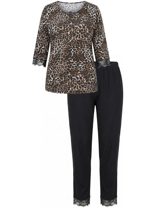 TruYou Dames - Pyjama tweedelig top met luipaardmotief kant effen broek - Zwart - Maat 46+