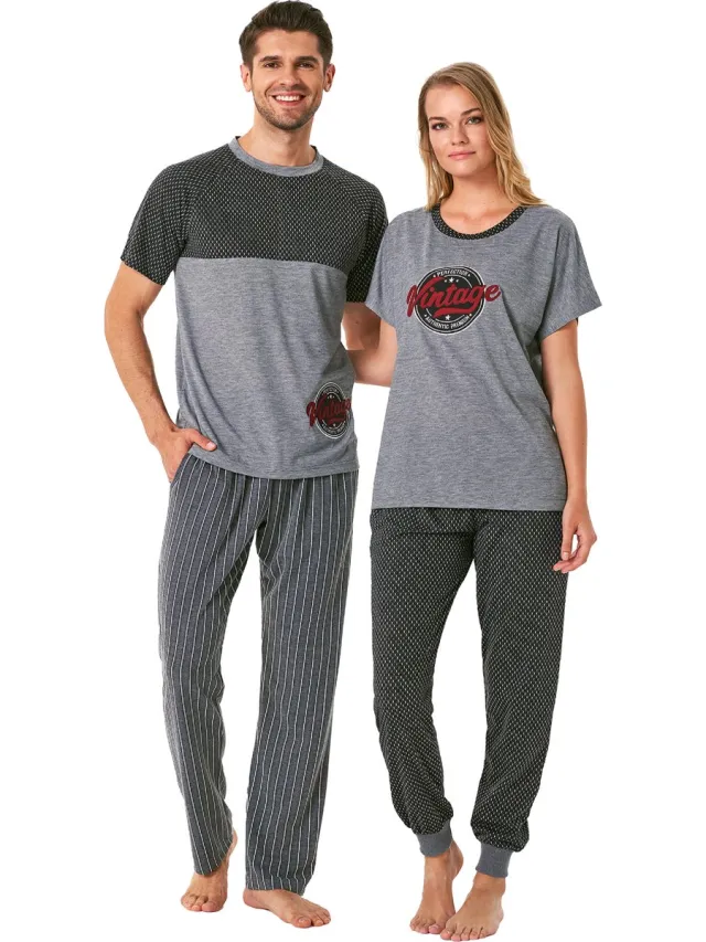 Feyza Bijpassende Pyjamas Voor Koppels, Korte Mouwen, Dames, Rookgrijs