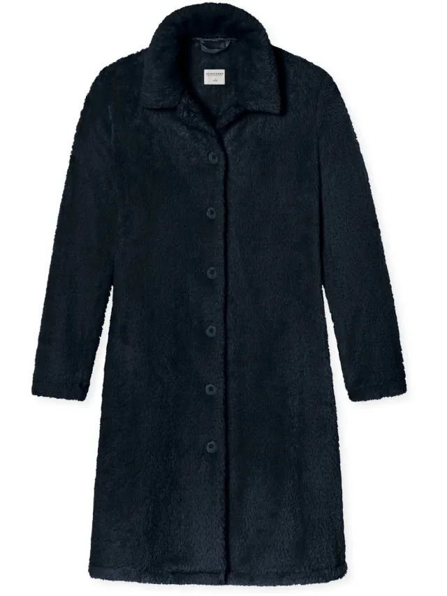 Schiesser Essentials badjas - dames kamerjas teddyfleece donkerblauw