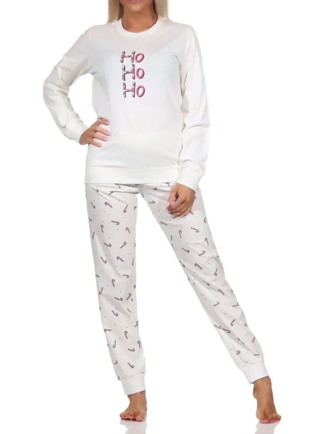 Normann dames kerstpyjama met lange mouwen en manchetten creme