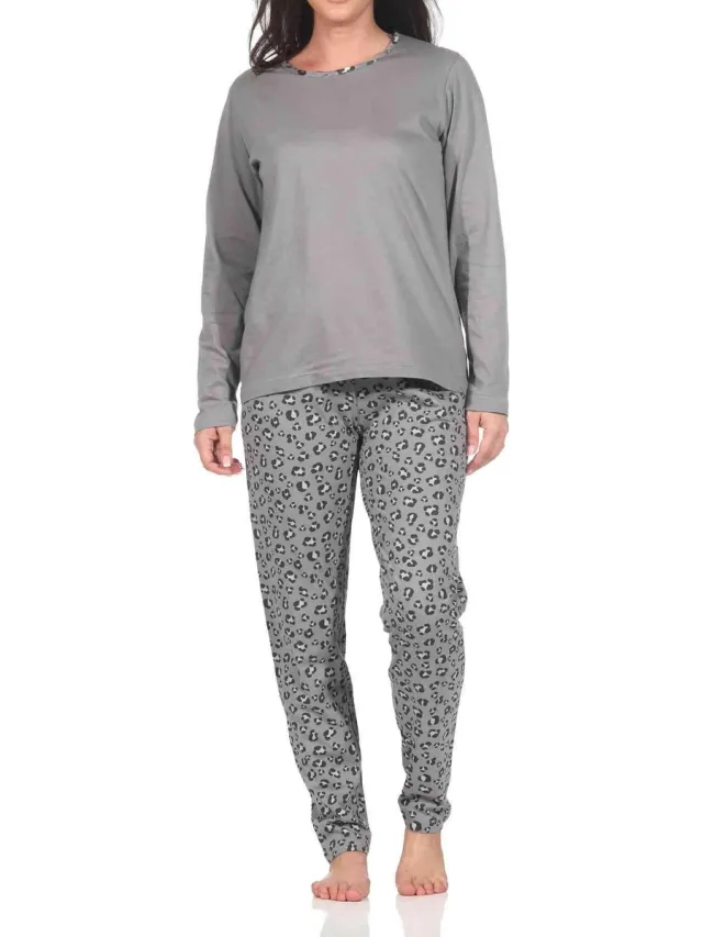 Normann dames pyjama met lange mouwen in prachtige dierenprintlook grau