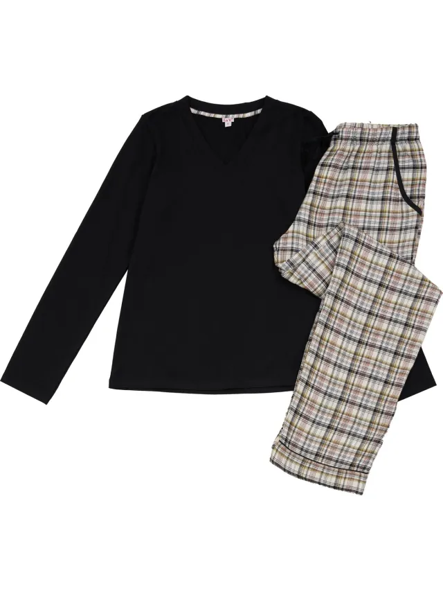 La-V pyjamaset voor dames met geruite flanel broek en V hals top Zwart/Creme