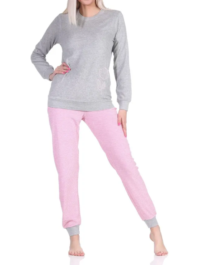 Normann Damespyjama van badstof met manchetten en bloemenapplicatie - ook in oversize pink
