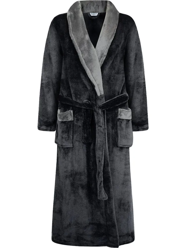 GAUBERT Heren Badjas Extra Lang met Sjaalkraag en Ceintuur - Ochtendjas - Superzacht Coral Fleece - Unisex Pasvorm Heren Dames - Zwart met Grijze Kraag - 8218-Black