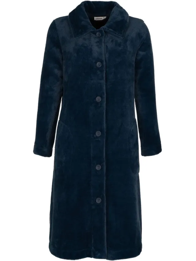 Pastunette Dames badjas met knopen - knoopsluiting - super zacht fleece - donkerblauw - maat M (40-42)
