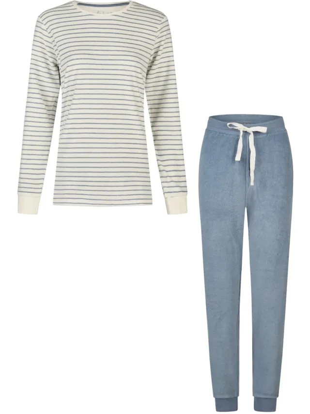By Louise Dames Winter Pyjama Set Lang Badstof Wit/Blauw Gestreept
