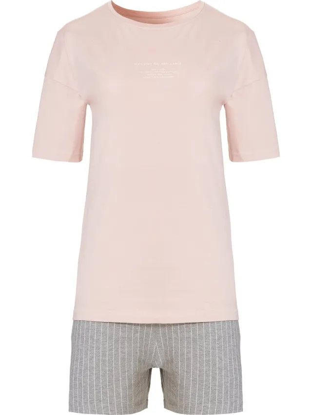 By Louise Dames Korte Pyjama Set Shortama Roze Roze/Grijs