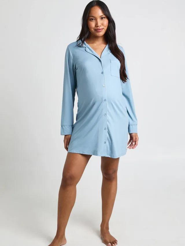 boohoo Dames Zwangerschaps Nachthemd Met Paspeldetail Stoffig Blauw