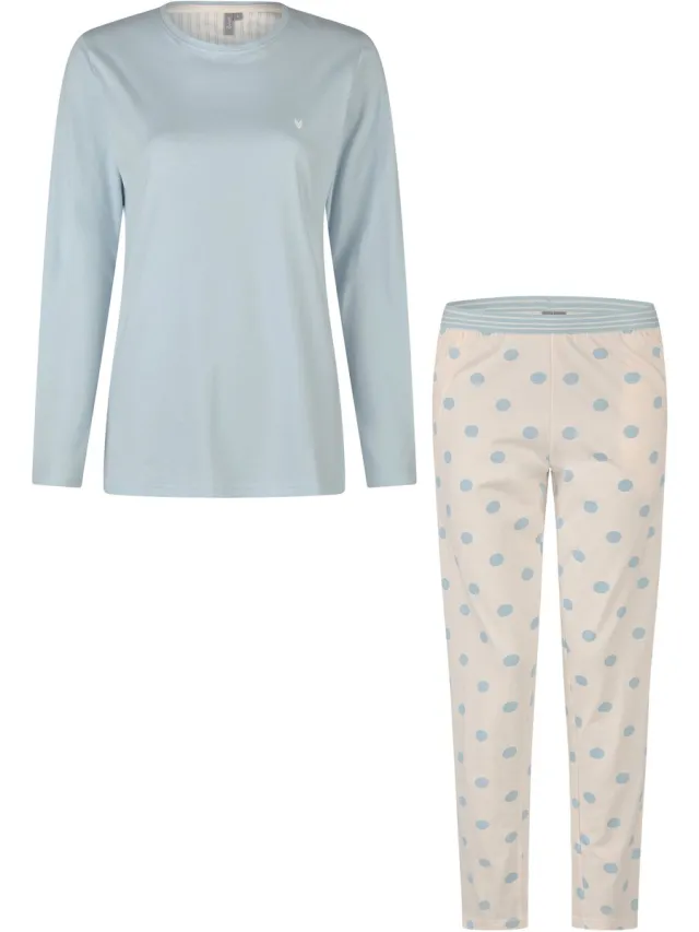 By Louise Dames Pyjama Set Lang Lichtblauw Gestipt