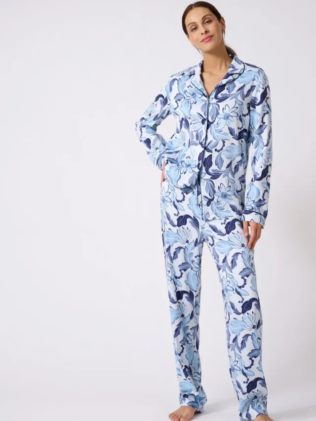 Damart Pyjama met knopen van satijnstof - Dames - Blauw - 42-44 (M)