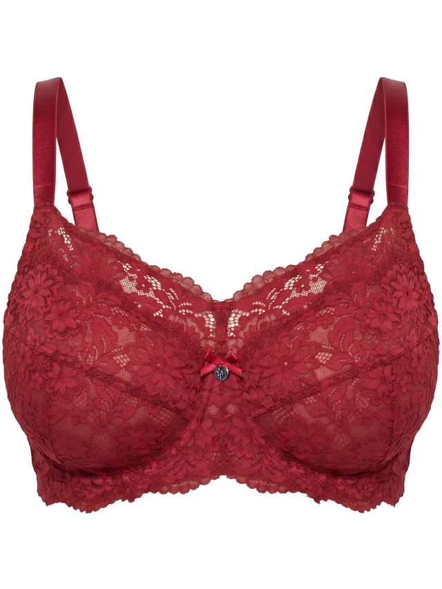 Ulla Popken Dames - Beugelbeha kant zachte cups - Donkerrood