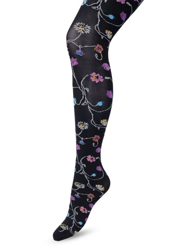 Bonnie Doon Bloemen Panty 80 Denier Zwart Dames - Bloemen Print - Gladde Naden - Maximaal Draagcomfort - Floral Tights - Chique Panty - Feestelijk - Gebloemd - Kleurrijk - Bloemenprint - Black - BP221906.101