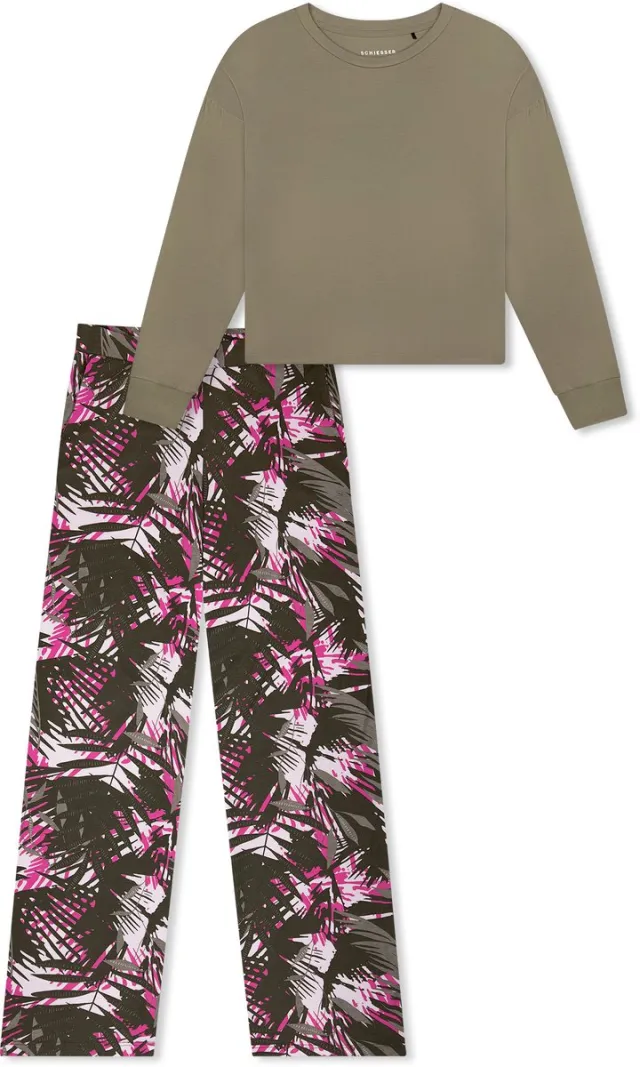 Schiesser dames Modern Nightwear lange pyjama van interlock met palmbomen - jade dessin