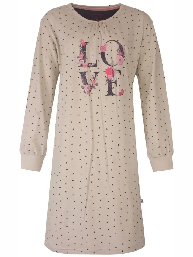 Tenderness Dames Nachthemd - Lange Mouw - Ronde Hals - Beige