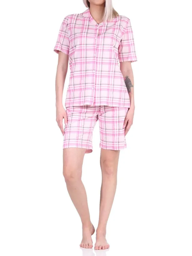 Normann Dames jersey pyjama shorty met doorknoop in ruitjesoptiek - ook verkrijgbaar in oversize rosa