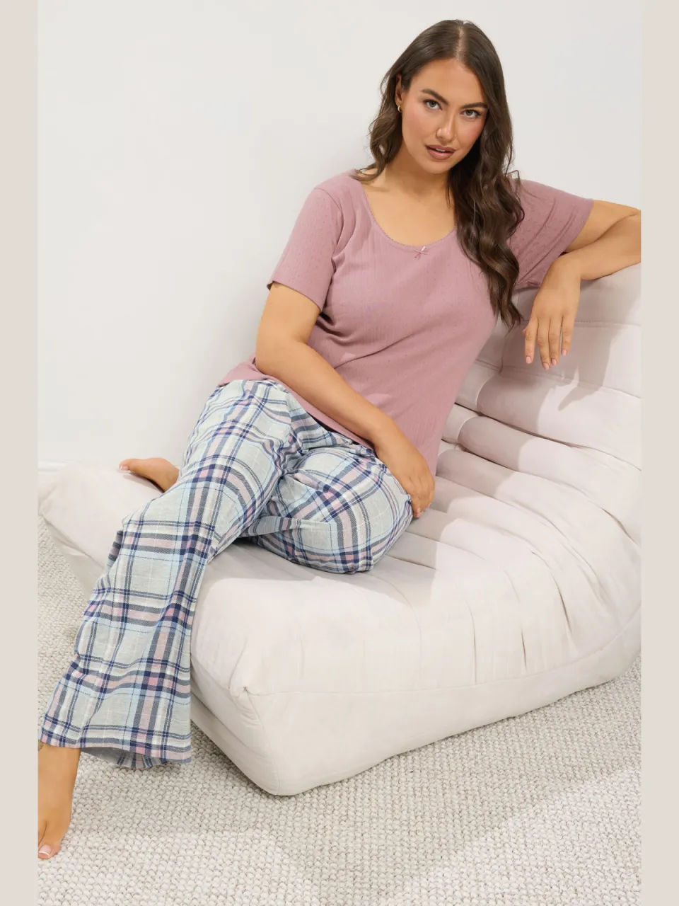 Yours Curve Roze Geruite Pyjamaset Met Wijde Pijpen-64, foto 3