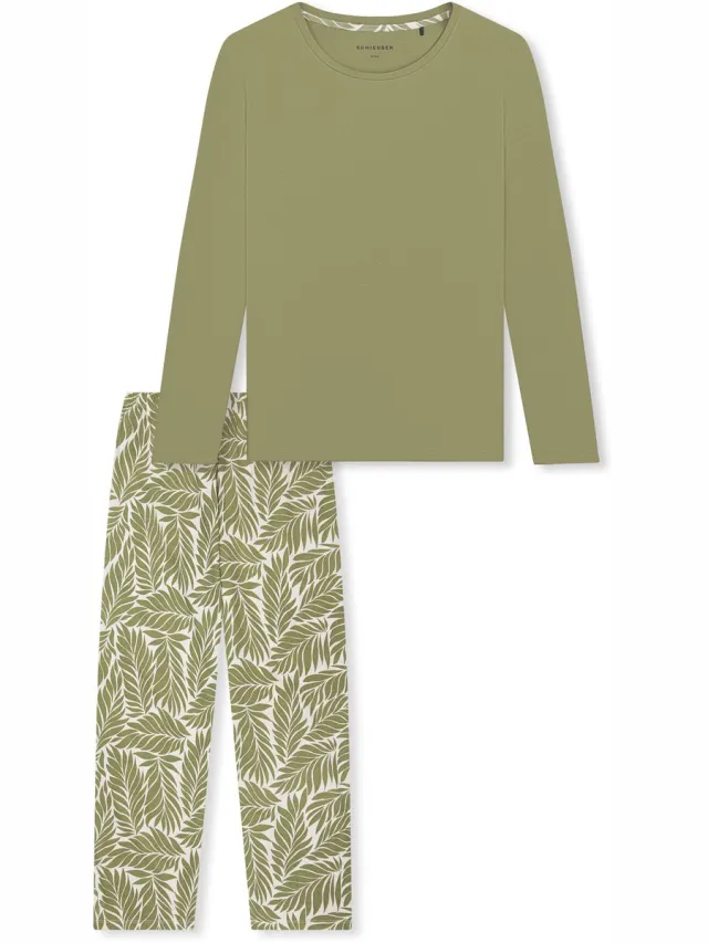 Schiesser dames Comfort Essentials lange pyjama - linde - lindegroen