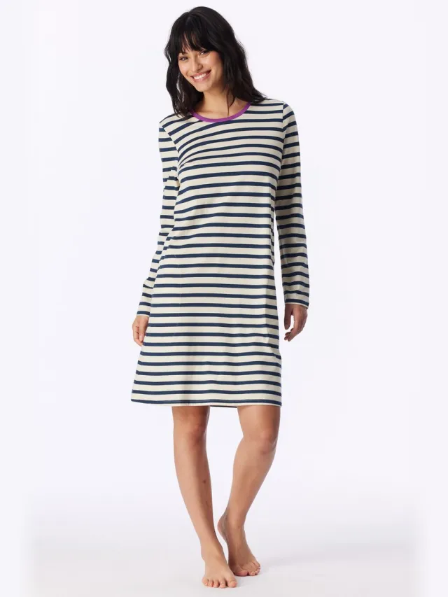 Schiesser dames Casual Essentials nachthemd met lange mouwen met streepjes - seasalt dessin