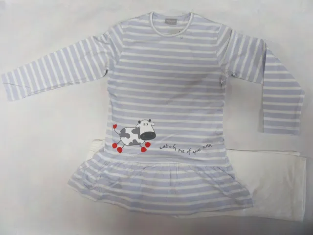 Wiplala Pyjama - Katoen - Meisje - Koe - Wit / bleek blauw - 8 jaar 128 bleek blauw met wit