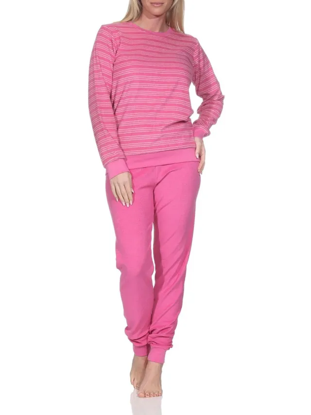 Normann Damespyjama in badstof met manchetten in een prachtig streepdesign - ook in overmaten rosa