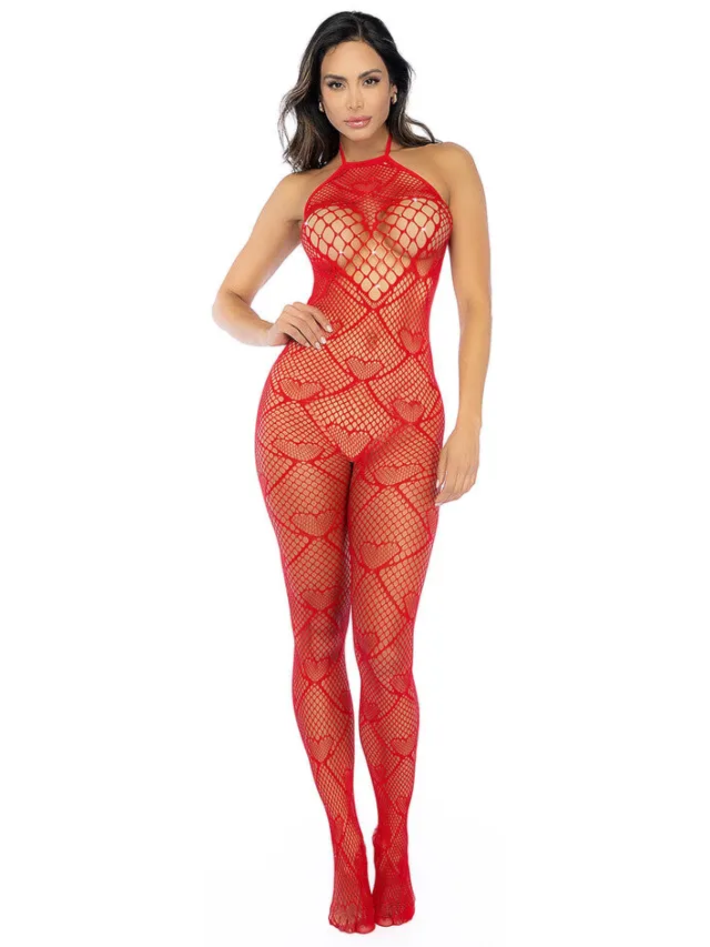 Mapalé Rode Hartjes Bodystocking Met Strass One Size