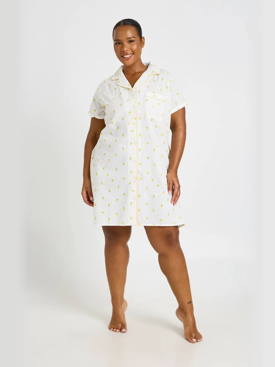 boohoo Dames Plus Citroen Wafel Print Nachthemd wit, foto 2
