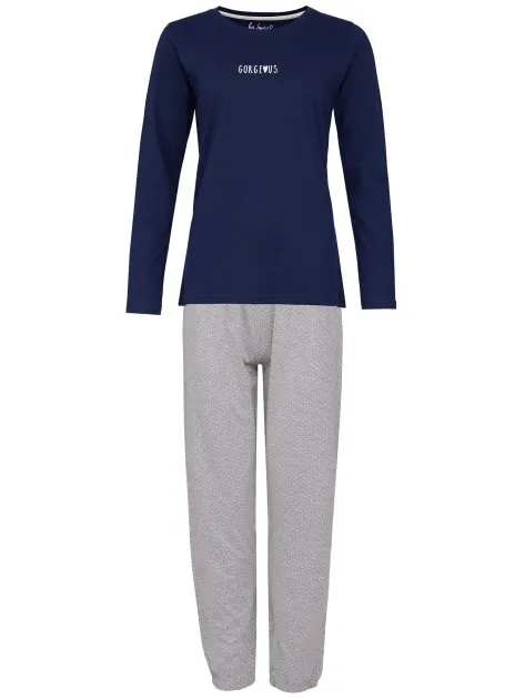 By Louise Dames pyjama set lang katoen donkerblauw / grijs gestipt Veelkleurig