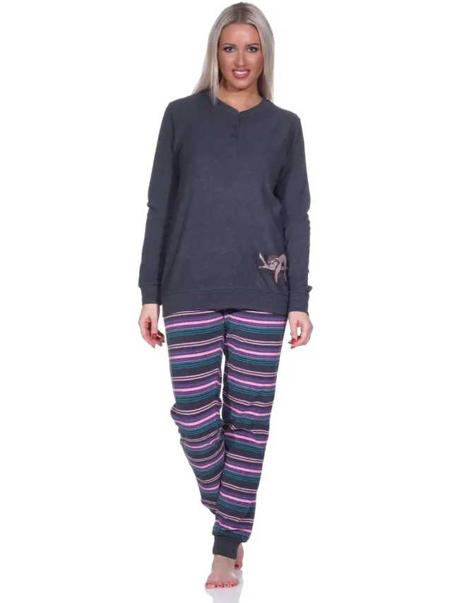 Normann Dames badstof pyjama broek gestreept - leuk luiaard dierenmotief - ook in oversized maten anthrazit-melange