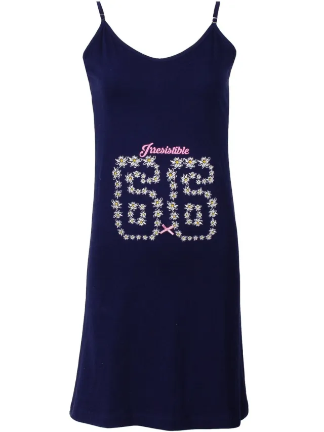 Irresistible Dames Nachthemd - Bloemenprint - Donker Blauw