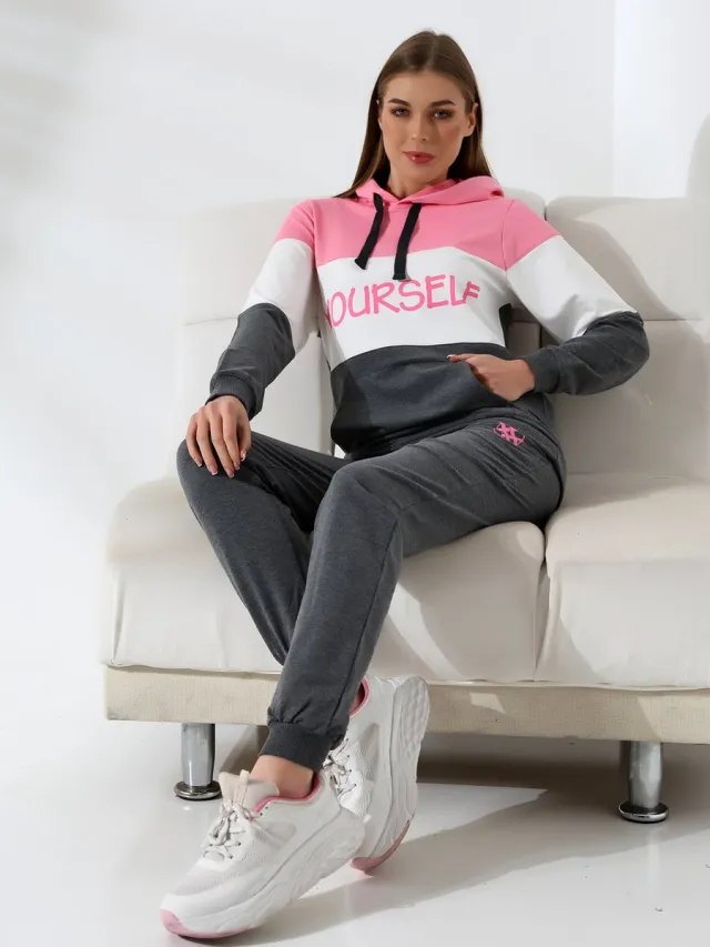 Loxxey Katoen - Yourself - Vrijetijdspak - Joggingpak - Huispak - Home Wear - Hoodie - Trainingspak - Tracksuit - 1 Set (2 Delig) - Dames - Maat L – Candy Pink/ Grijs Melange- Nieuw Seizoen!!