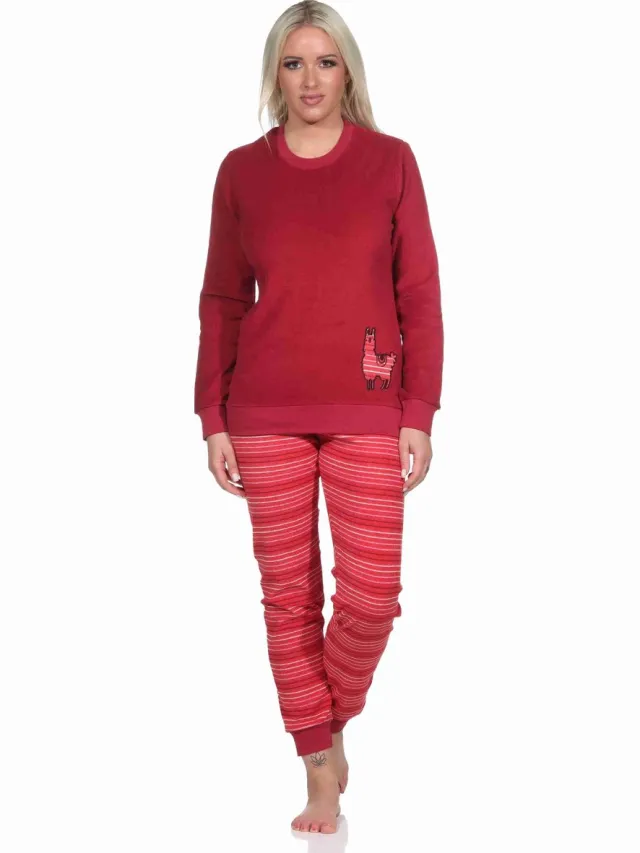 Normann Dames badstof pyjama, broek gestreept, top met schattig dierenmotief - ook in oversize rot