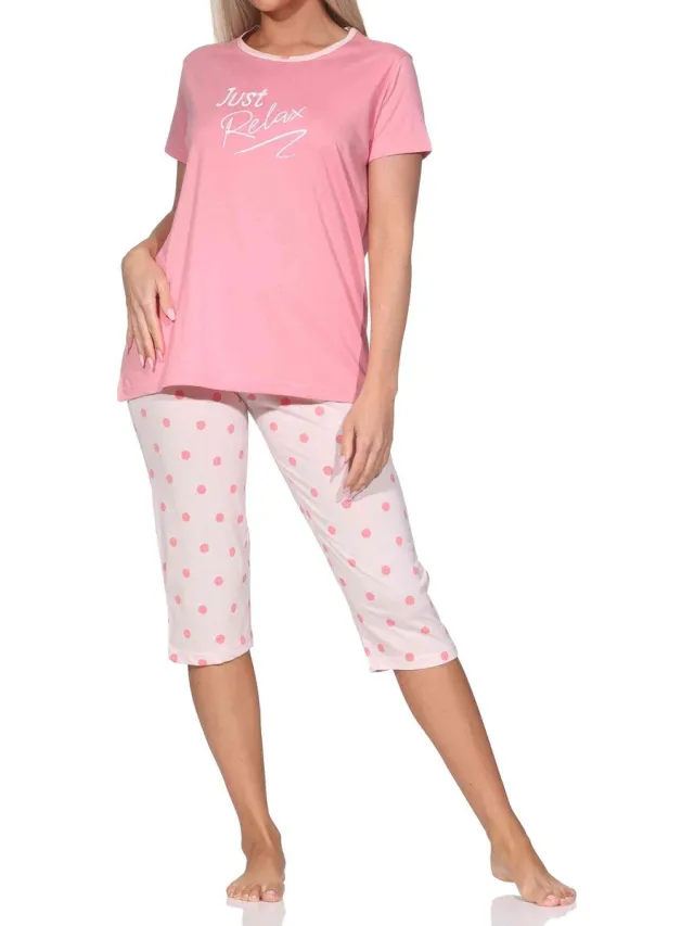 Normann dames Capri pyjama korte mouw in polkadots look roze