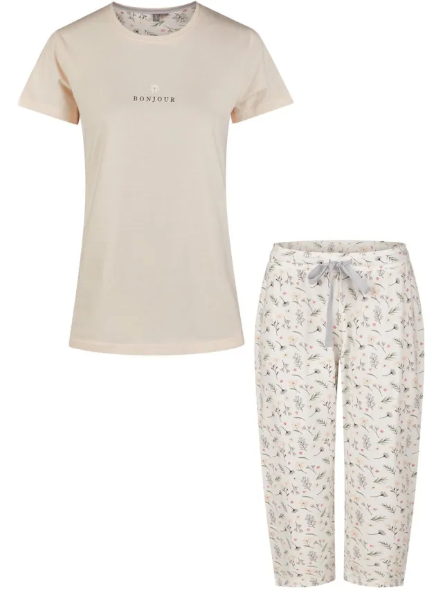 By Louise Dames Capri Pyjama Driekwart Oranje/Wit Gebloemd