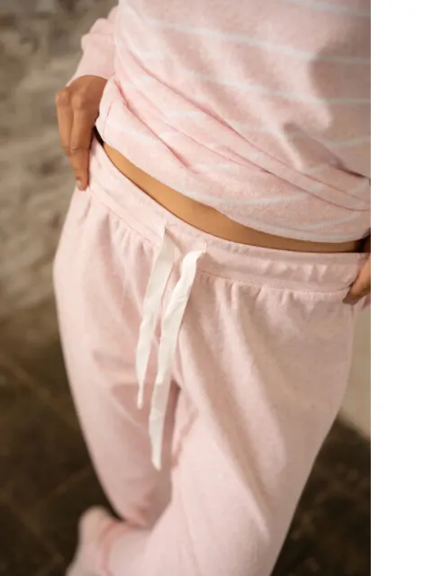By Louise Dames winter pyjama set lang badstof gestreept roze Veelkleurig