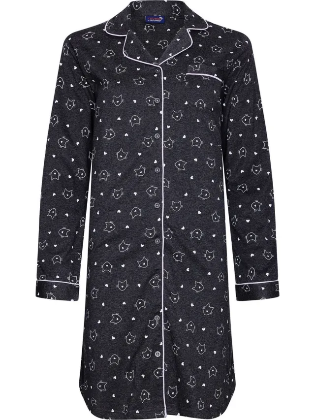 Rebelle Dames Nachthemd Rebelle - Lovely Meow - Katoenmix zwart