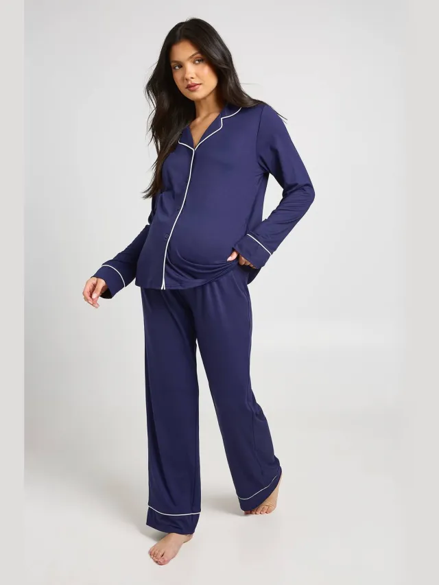 boohoo Dames Zwangerschaps Pyjama Set Met Paspeldetail, Shirt Met Lange Mouwen & Broek Marineblauw