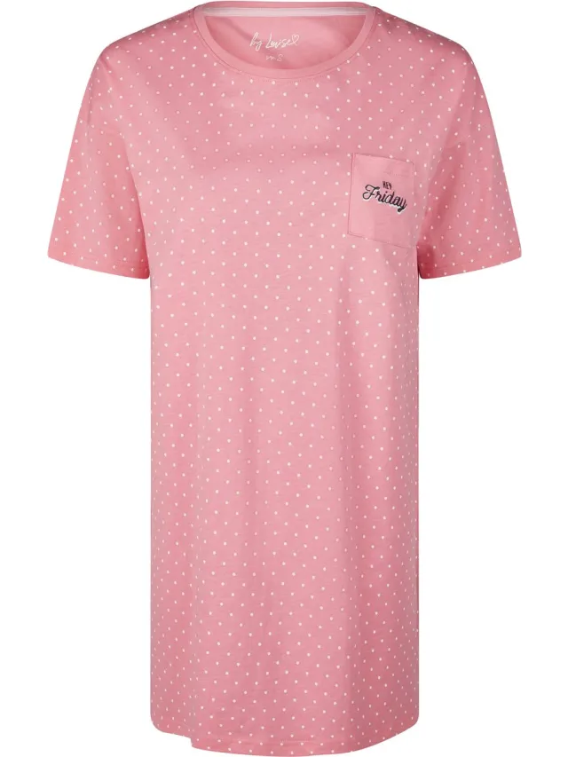 By Louise Dames Nachthemd Korte Mouw Roze Gestipt Donkerblauw