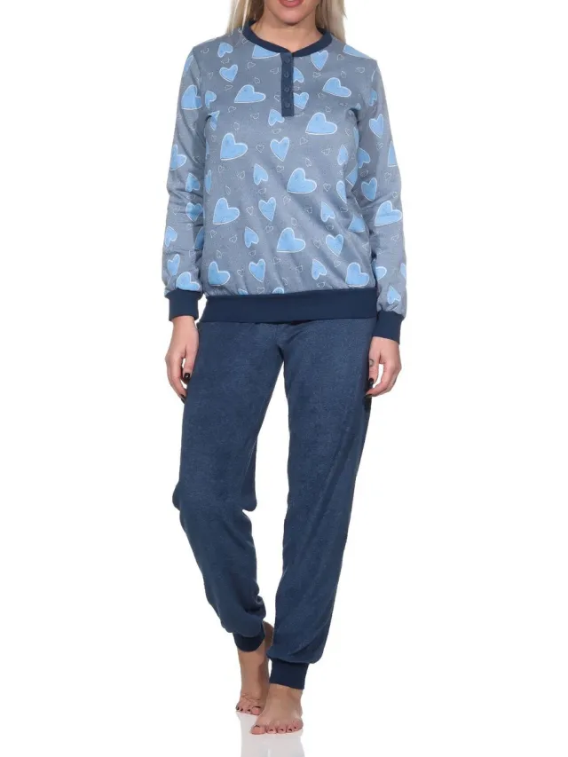 Normann dames badstof pyjama lange mouw met manchetten in hartjeslook - ook in oversize marine