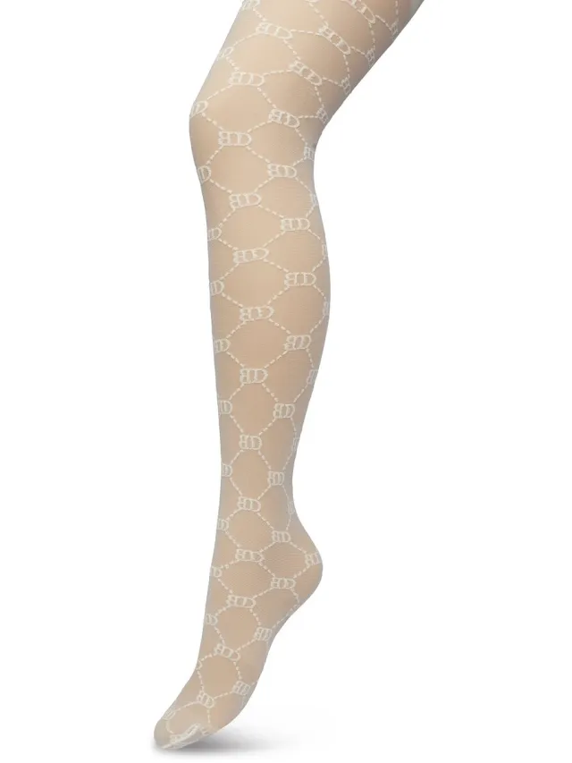 Bonnie Doon Geruite Panty 60 Denier Wit Dames - BD logo - Ruitjes Patroon - Print - Gladde Naden - Maximaal Comfort - Bonnie Doon Tights - Chique Panty - Feestelijk - Off White - Ivoor - Crème - Gebroken Wit - Ivory - BP221901.250