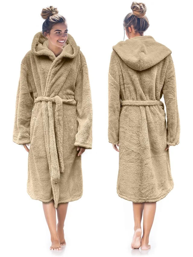 LINNICK Teddy Fleece Badjas met Capuchon inclusief Teddy Tas - Shady Sand - S - Badjas Dames - Badjas Heren zand
