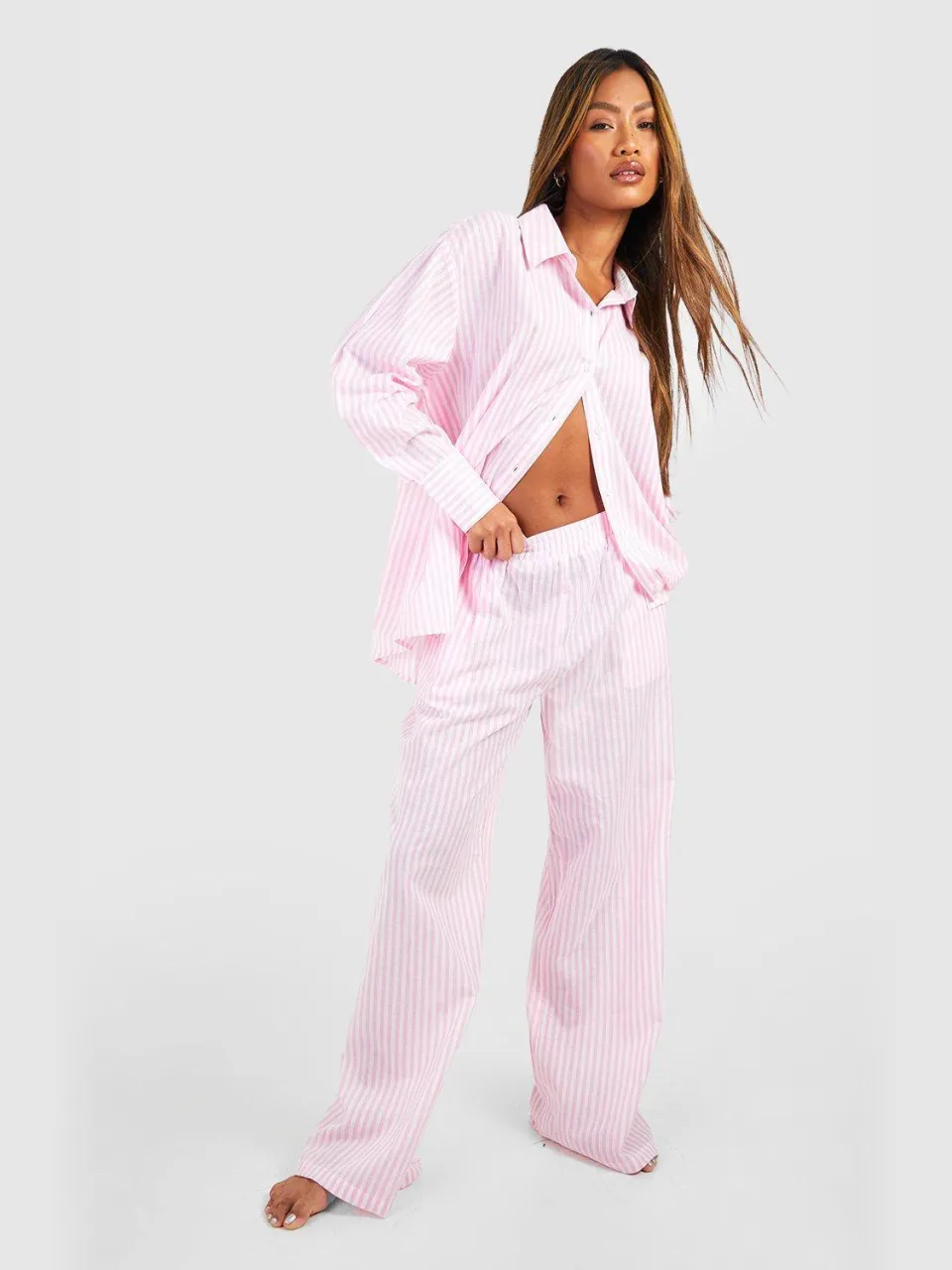 boohoo Dames Katoenen Pinstripe Oversized Pyjama Overhemd roze, foto 2