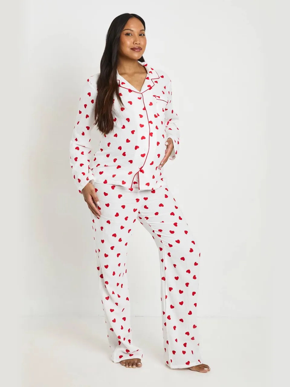 boohoo Dames Lange Pyjama Set Met Hartjesprint In Mousseline Met Shirt Met Lange Mouwen En Broek wit, foto 3