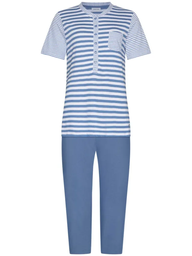 Pastunette Pyjama - Stone Blue - Katoen - Blauw/Wit - Knoopsluiting
