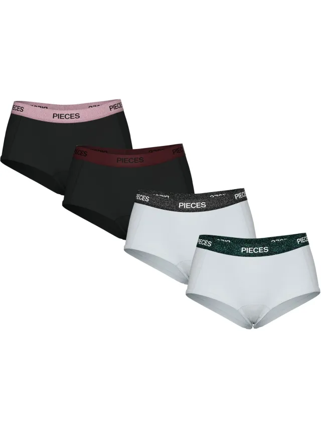 Pieces Dames Hipster PCLOGO Glitter 4-Pack Zwart/Wit