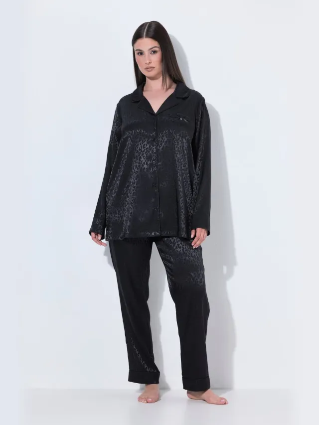 TruYou Dames - TruYou-pyjama luipaardprint reverskraag lange mouwen - Zwart - Maat 46+